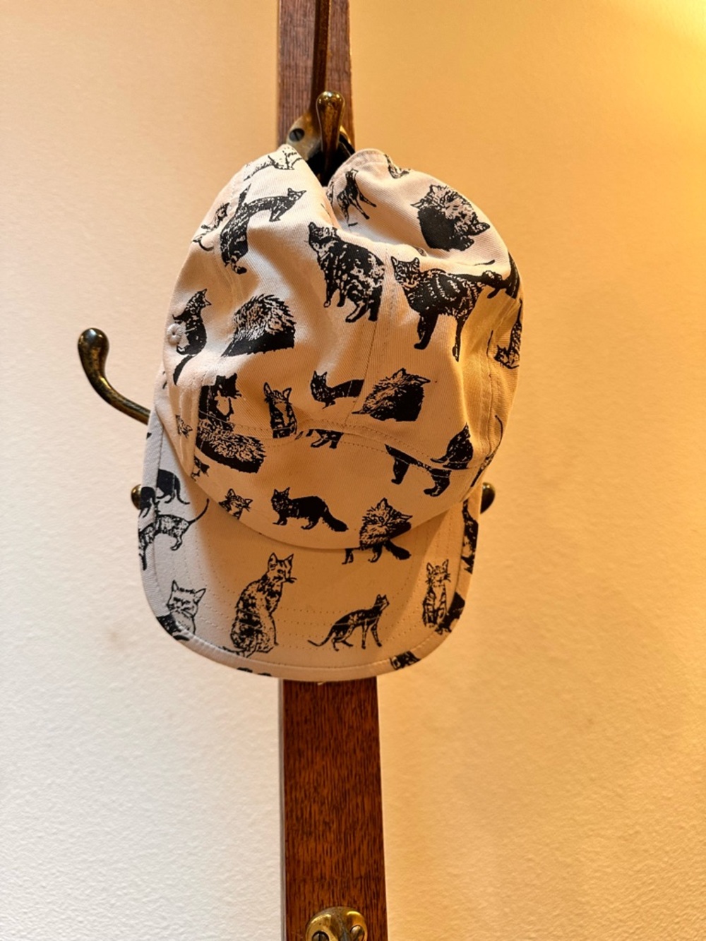 Cat Print 5 Panel Hat - Cream with Black Cat Silhouettes